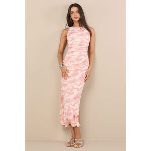 Lulus Larah Pink And Ivory Tie-dye Textured Knit Ruched Midi Dress - Size S